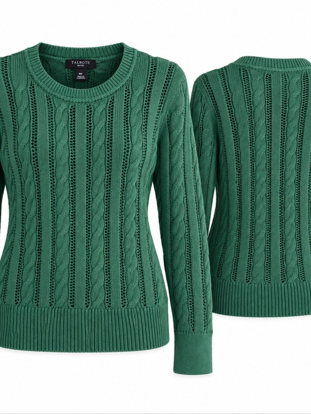 Talbots Petite MP Green Cable Knit Sweater 100% Cotton Coastal Grandmother Prepp